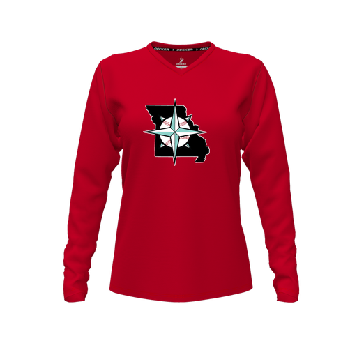 [CUS-DFW-TEES-PER-VNK-LSL-RED-FYXS-LOGO3] Decker Performance T-Shirt (Female Youth XS, Red, V Neck, Logo 3, Long Sleeve)